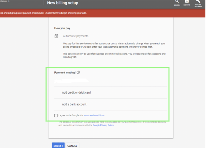 How to add Payment Details to Google Ads